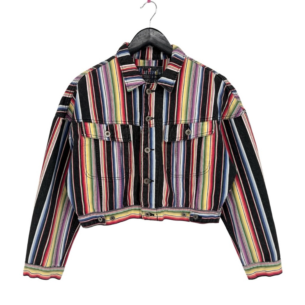 Blue Family Benetton Cropped Multi-Color Stripe Denim Jacket 46 Medium‎ Vintage